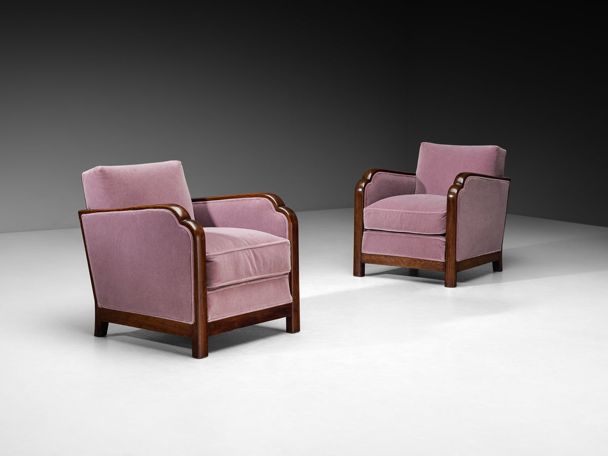 Art Deco French Pair of Angular Lounge Chairs in Wood and Purple Mohair Seating Morentz