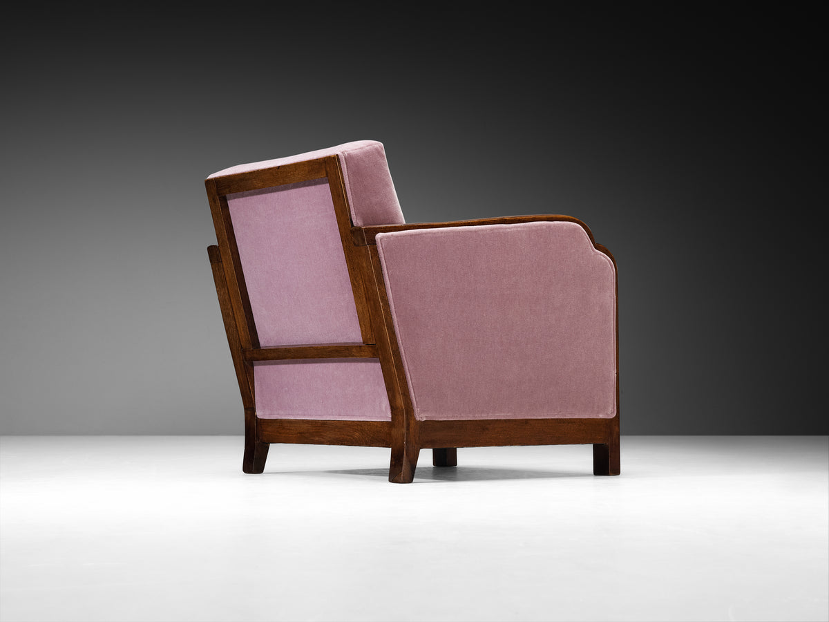 Art Deco French Pair of Angular Lounge Chairs in Wood and Purple Mohair Seating Morentz