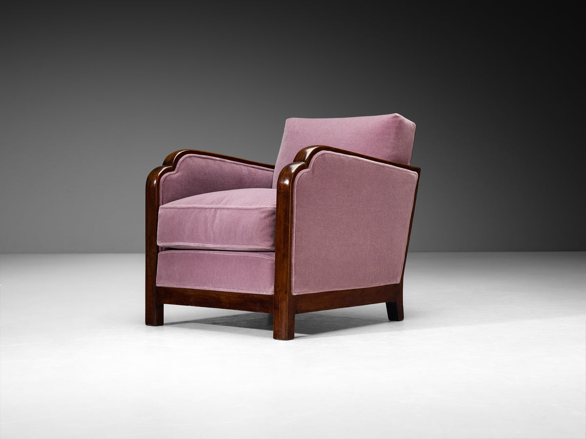 Art Deco French Pair of Angular Lounge Chairs in Wood and Purple Mohair Seating Morentz