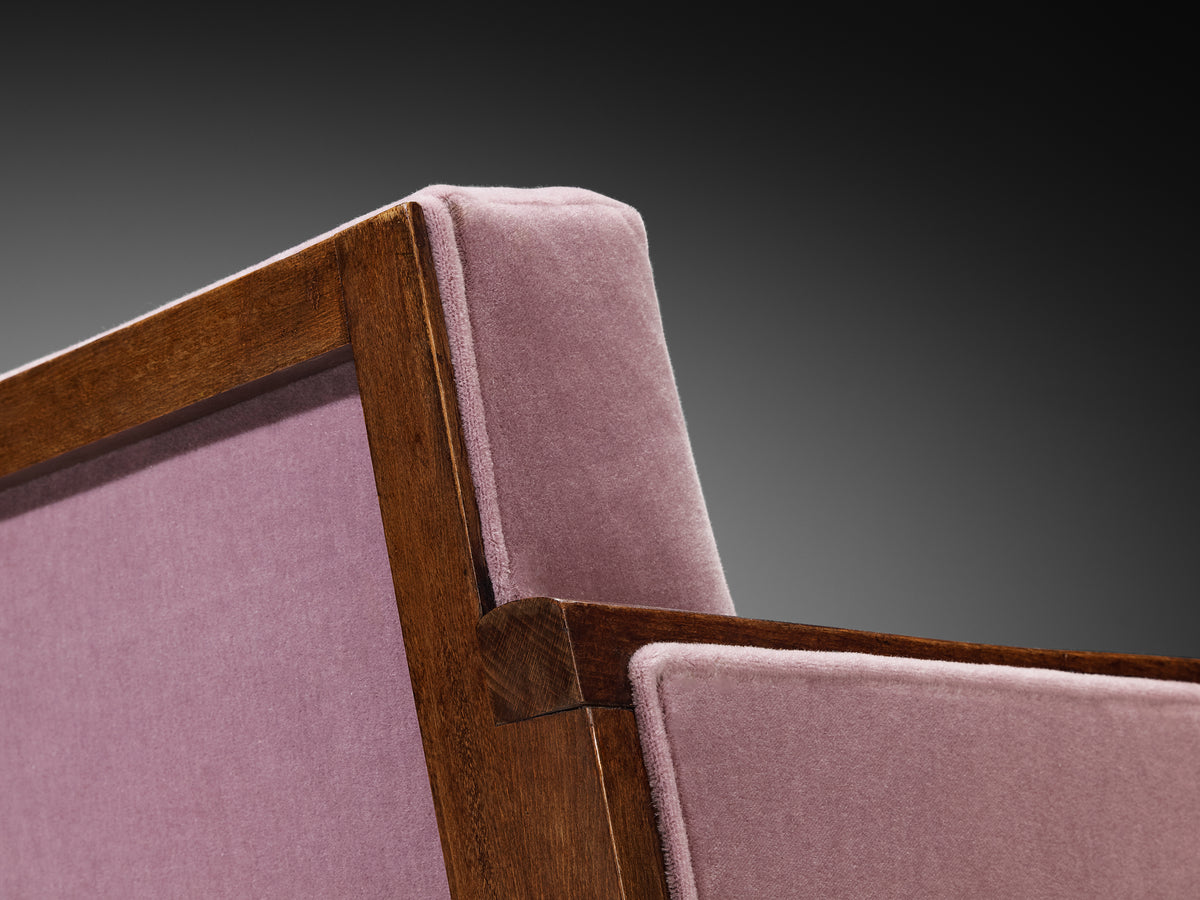 Art Deco French Pair of Angular Lounge Chairs in Wood and Purple Mohair Seating Morentz