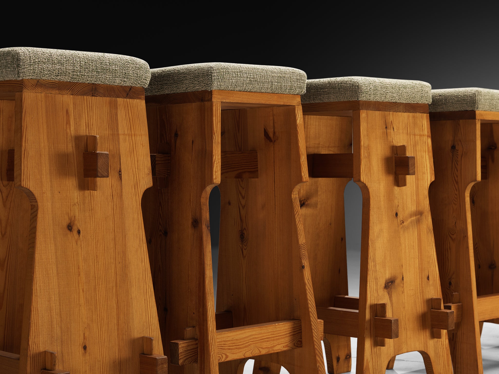 Mid-century Bar Stools in Pine and Soft Green Fabric Seating Morentz