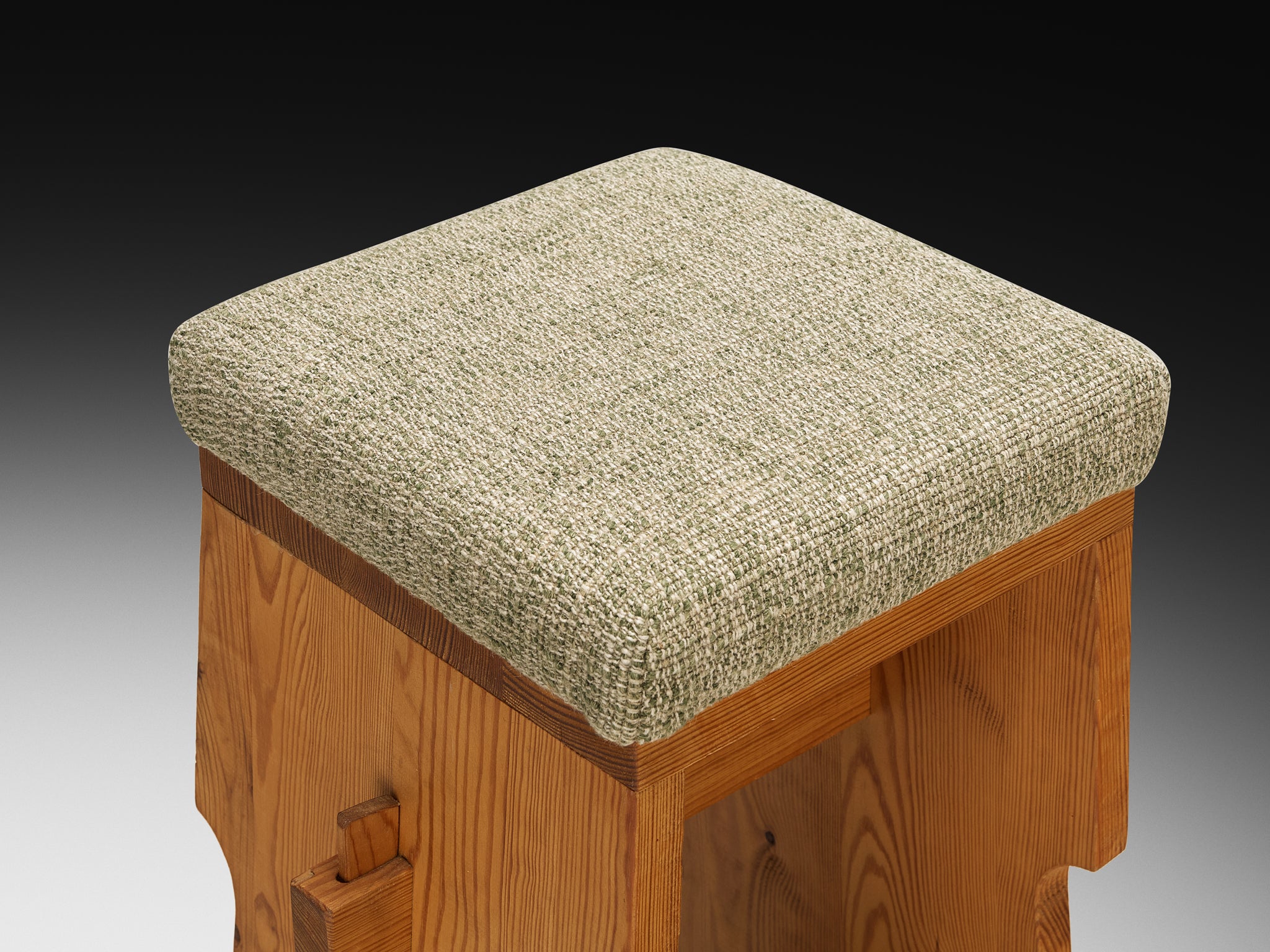 Mid-century Bar Stools in Pine and Soft Green Fabric Seating Morentz