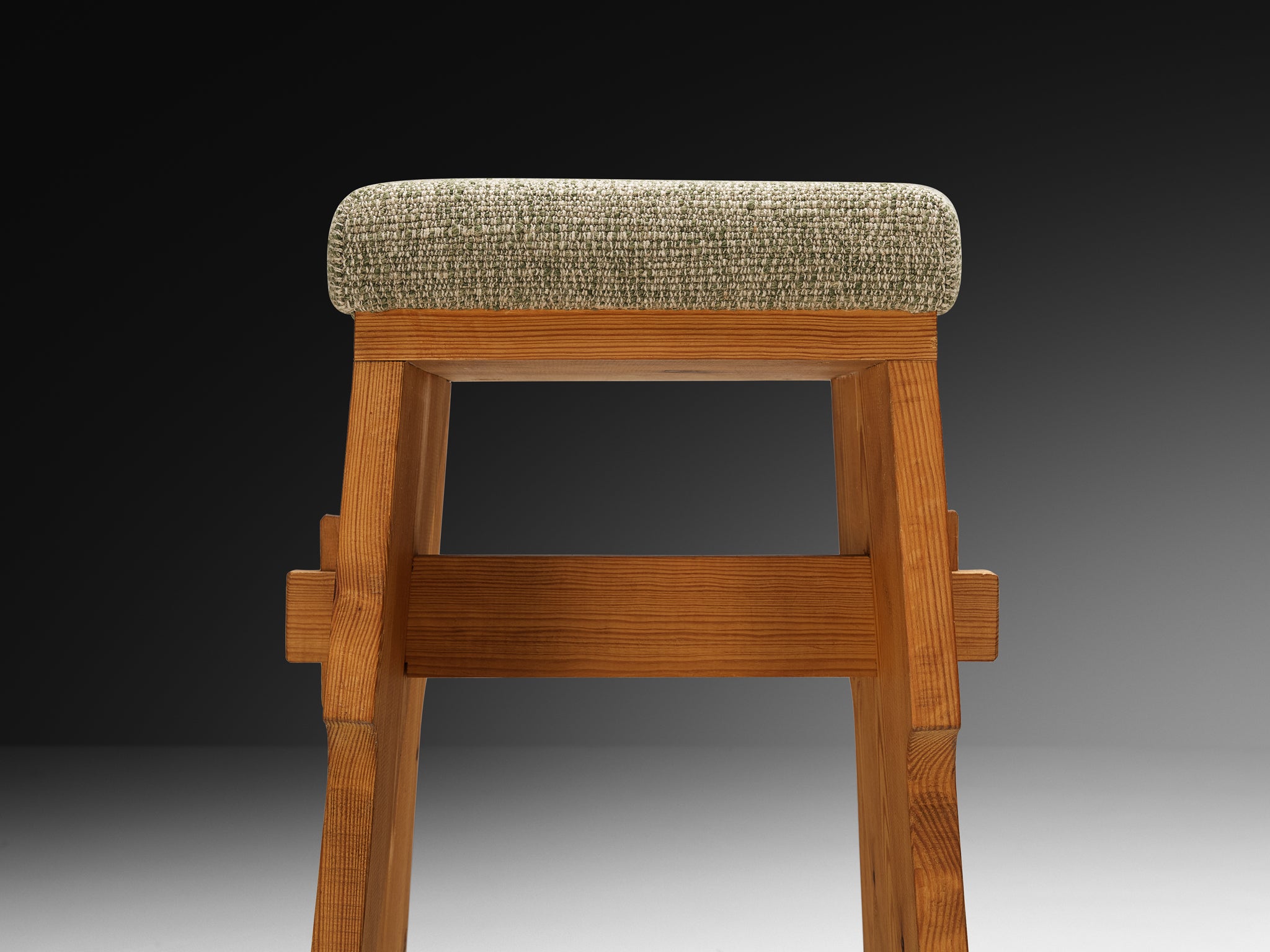 Mid-century Bar Stools in Pine and Soft Green Fabric Seating Morentz