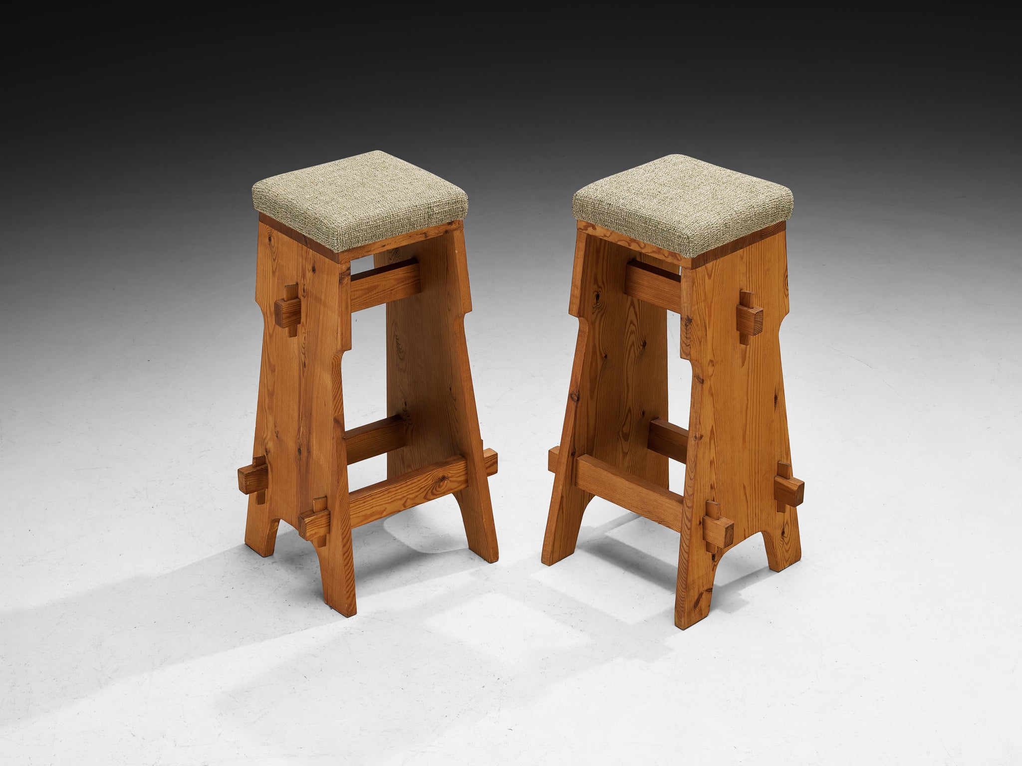 Mid-century Bar Stools in Pine and Soft Green Fabric Seating Morentz