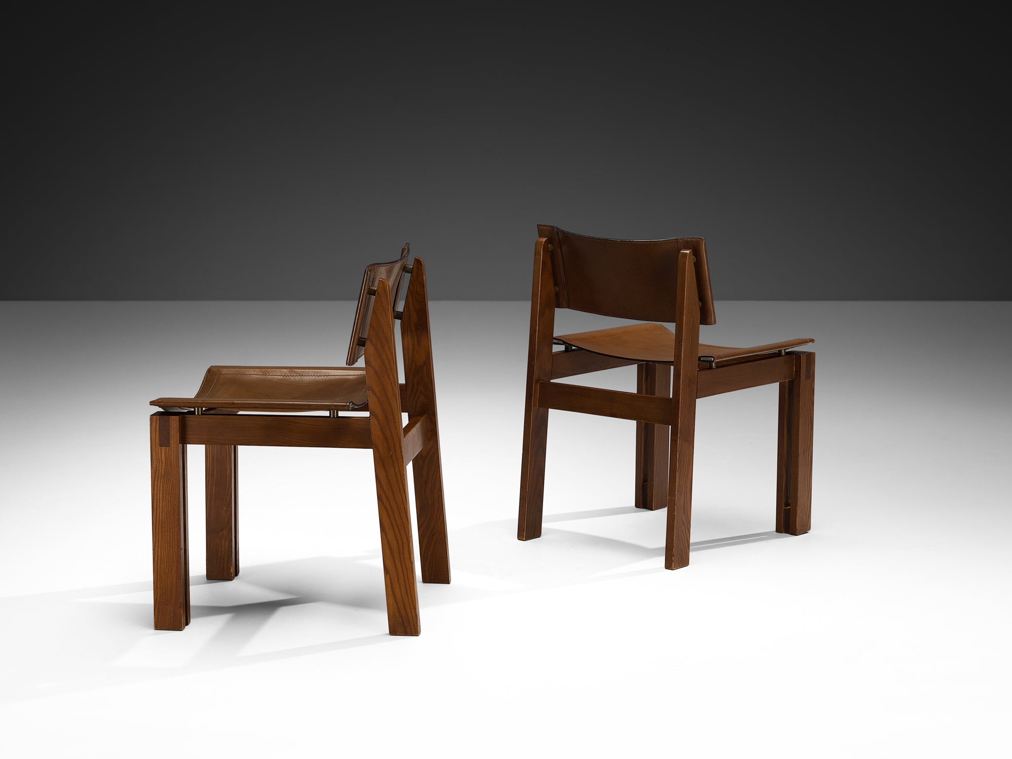 Italian Set of Six Mid-century Dining Chairs in Ash and Leather Seating Morentz