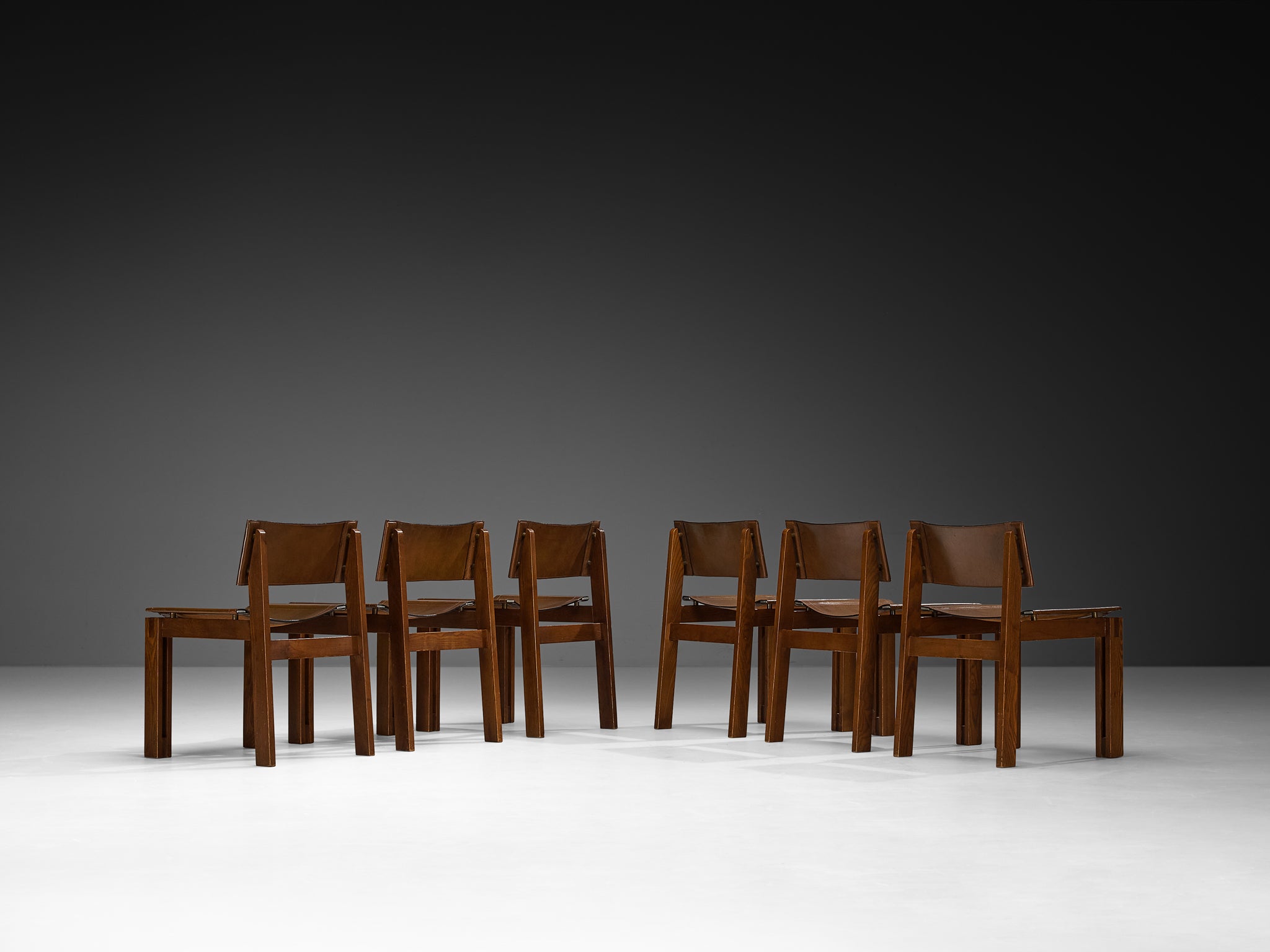 Italian Set of Six Mid-century Dining Chairs in Ash and Leather Seating Morentz