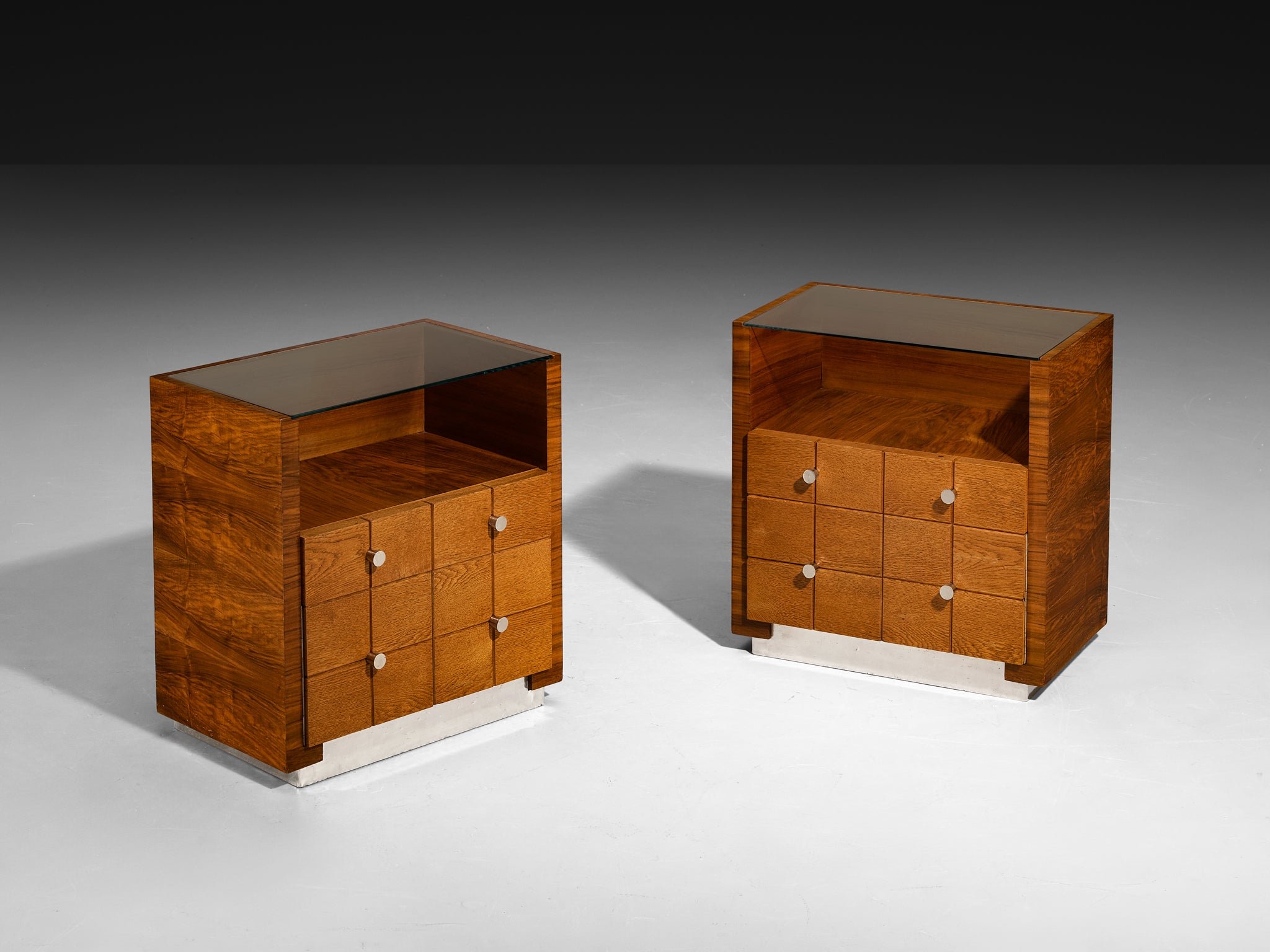 1930s Rationalist Pair of Night Stands in Oak, Walnut and Metal