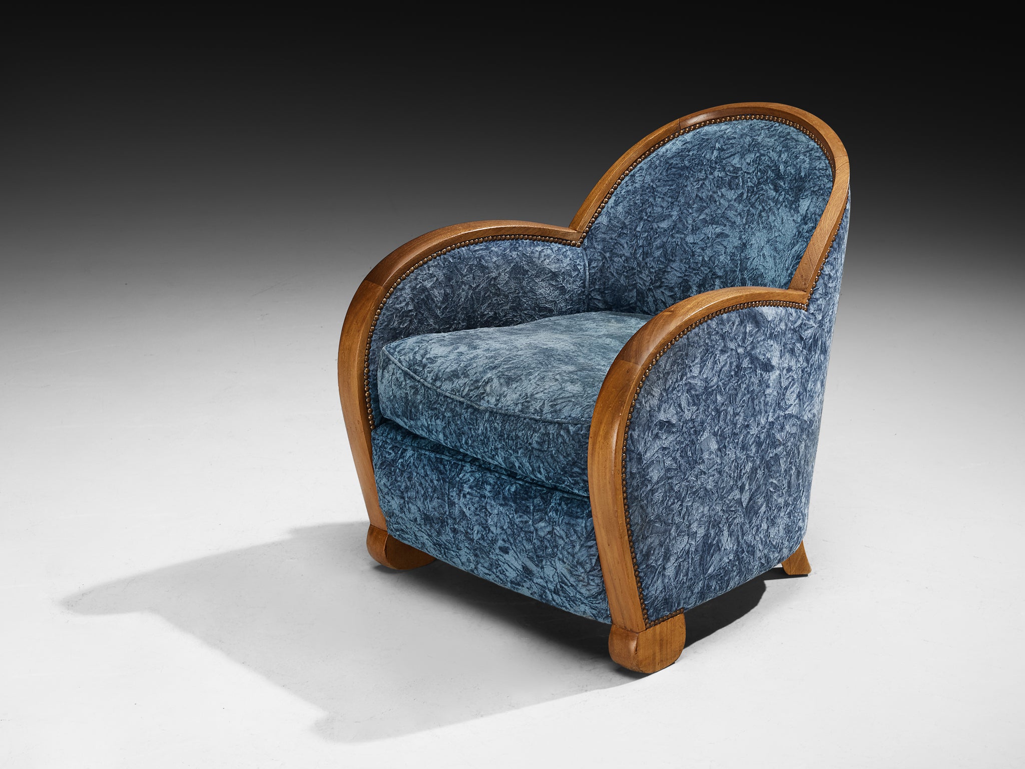 French Art Deco Pair of Lounge Chairs in Walnut and Blue Upholstery Seating Morentz