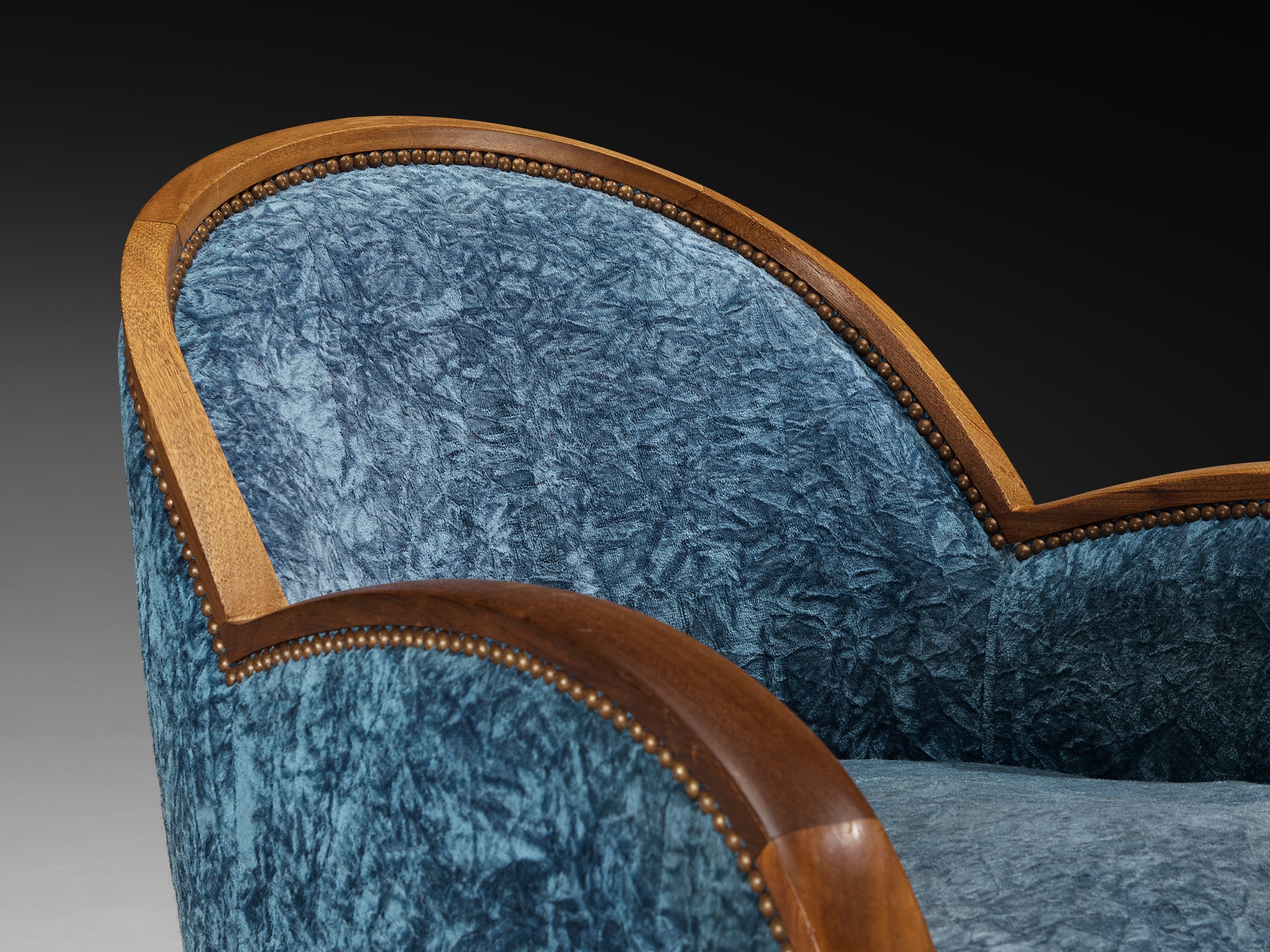 French Art Deco Pair of Lounge Chairs in Walnut and Blue Upholstery Seating Morentz