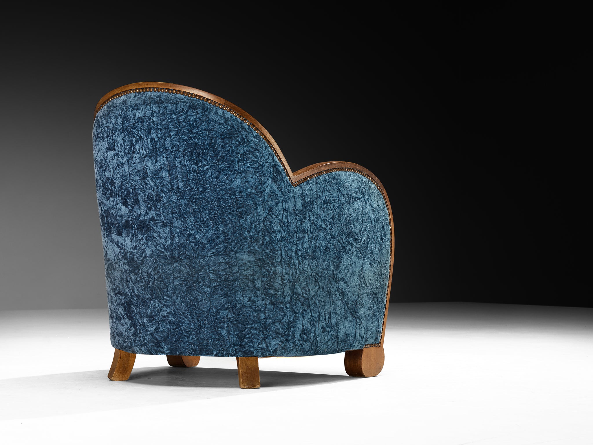 French Art Deco Pair of Lounge Chairs in Walnut and Blue Upholstery Seating Morentz