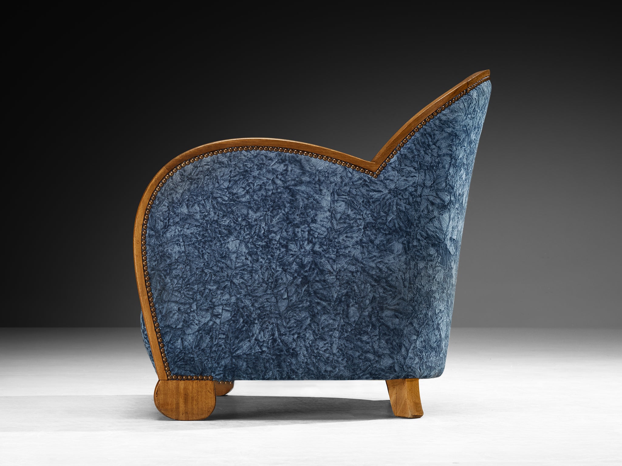 French Art Deco Pair of Lounge Chairs in Walnut and Blue Upholstery Seating Morentz