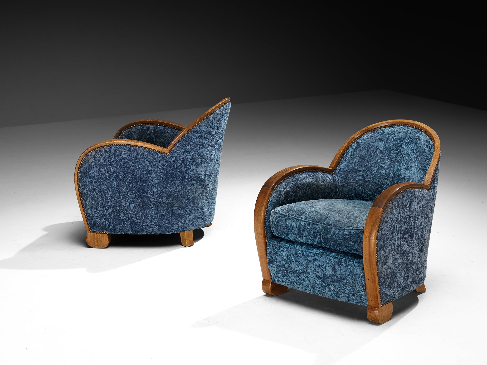French Art Deco Pair of Lounge Chairs in Walnut and Blue Upholstery Seating Morentz