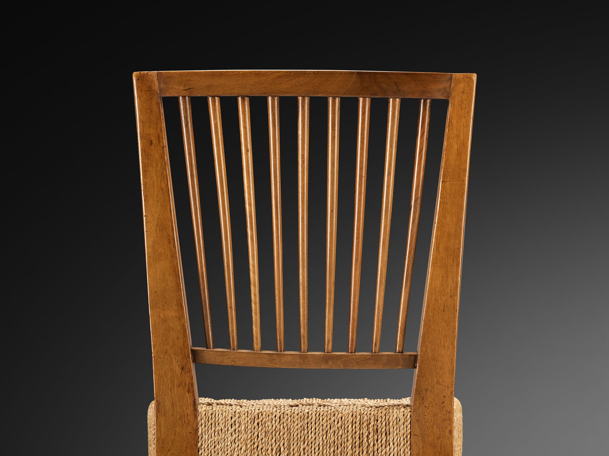 1940s Set of Twelve Italian Dining Chairs in Walnut and Rush Seating Morentz