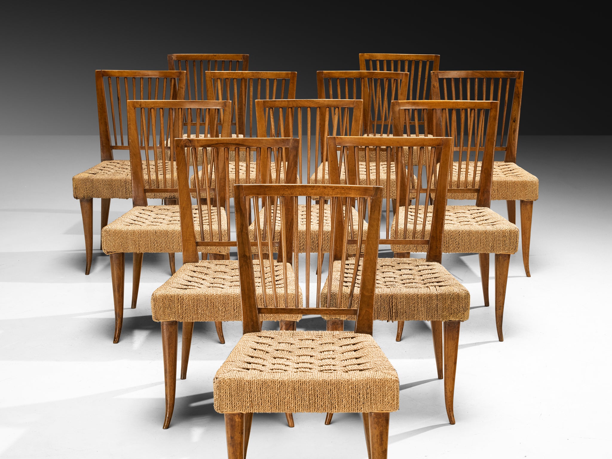 1940s Set of Twelve Italian Dining Chairs in Walnut and Rush Seating Morentz