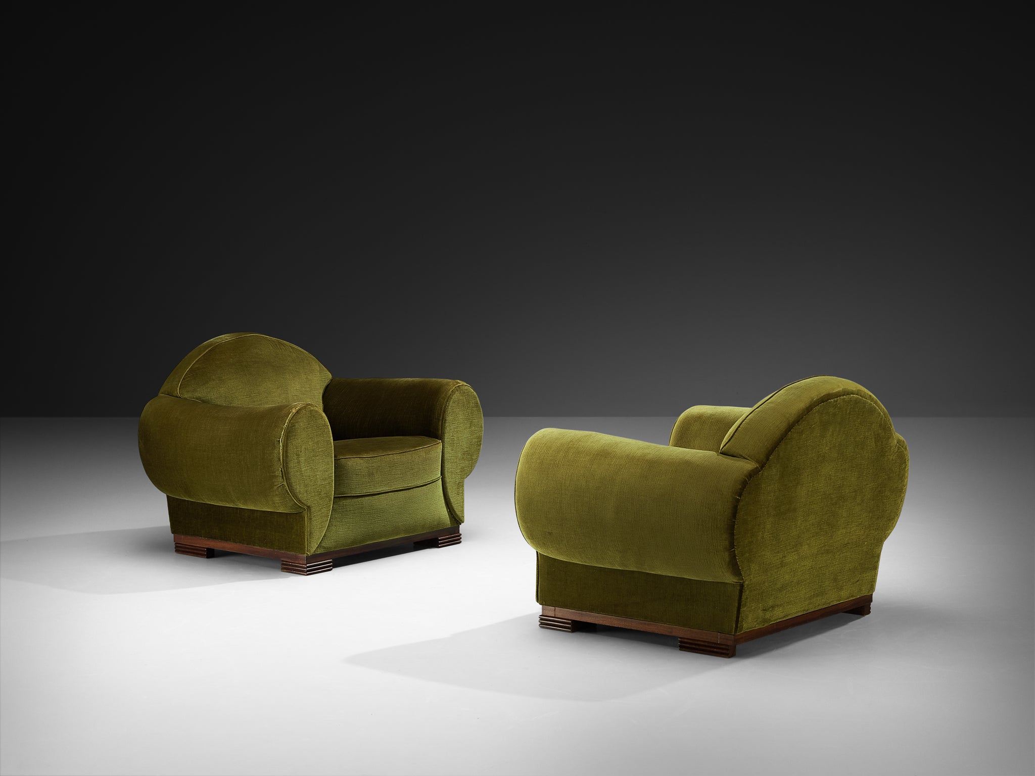 René Drouet Pair of Lounge Chairs in Olive Green Corduroy and Walnut Seating Morentz