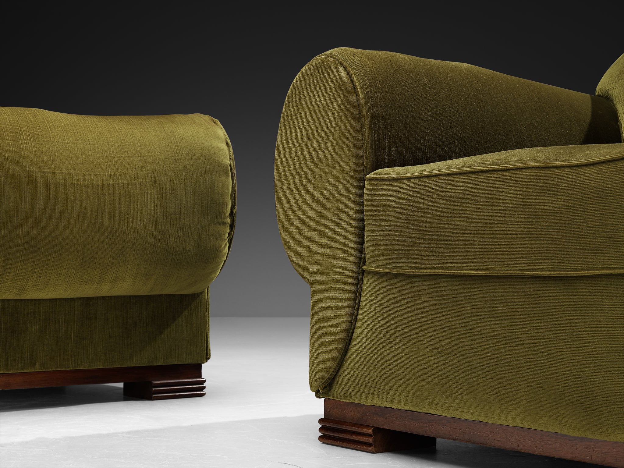 René Drouet Pair of Lounge Chairs in Olive Green Corduroy and Walnut Seating Morentz