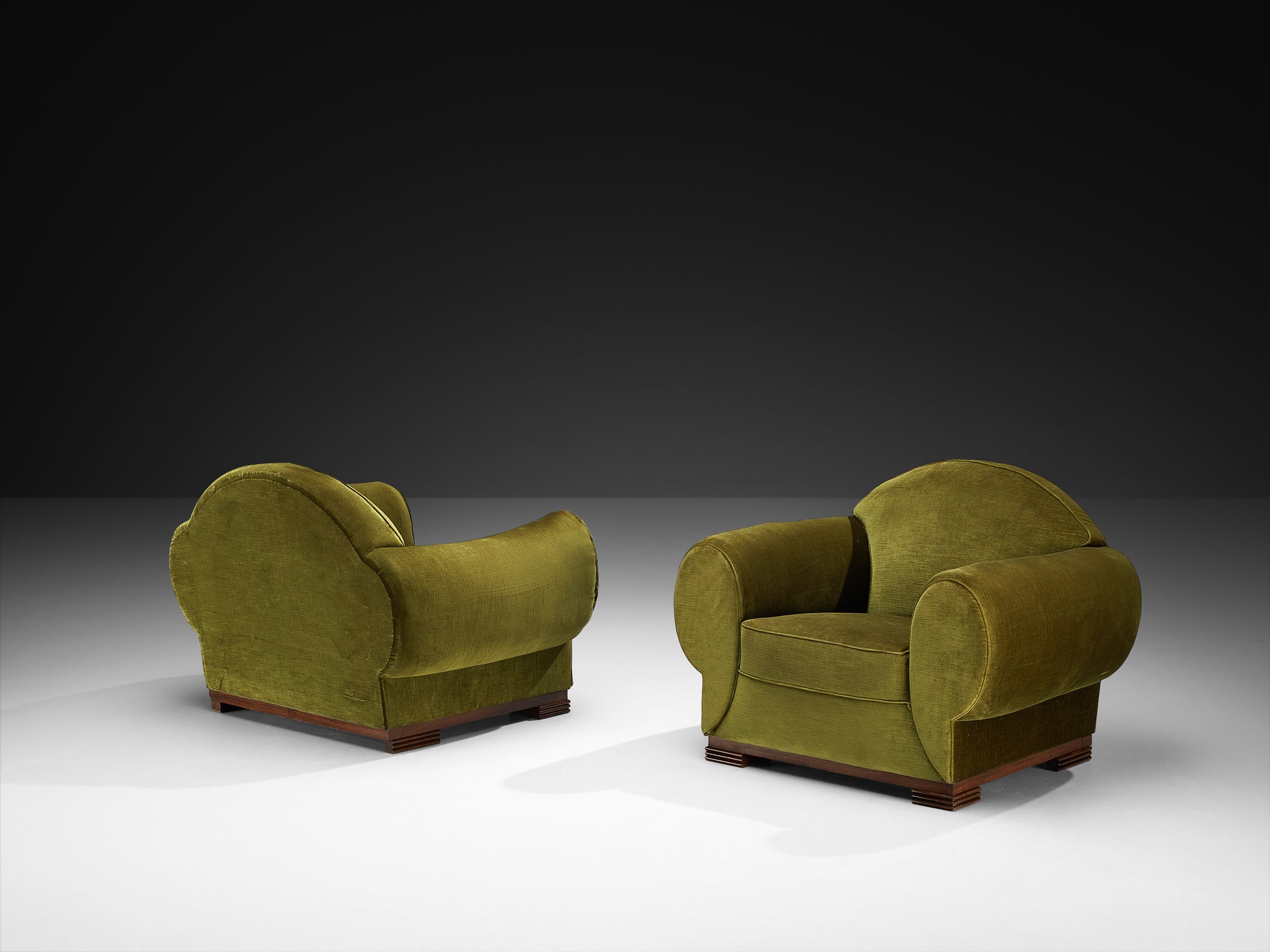 René Drouet Pair of Lounge Chairs in Olive Green Corduroy and Walnut Seating Morentz