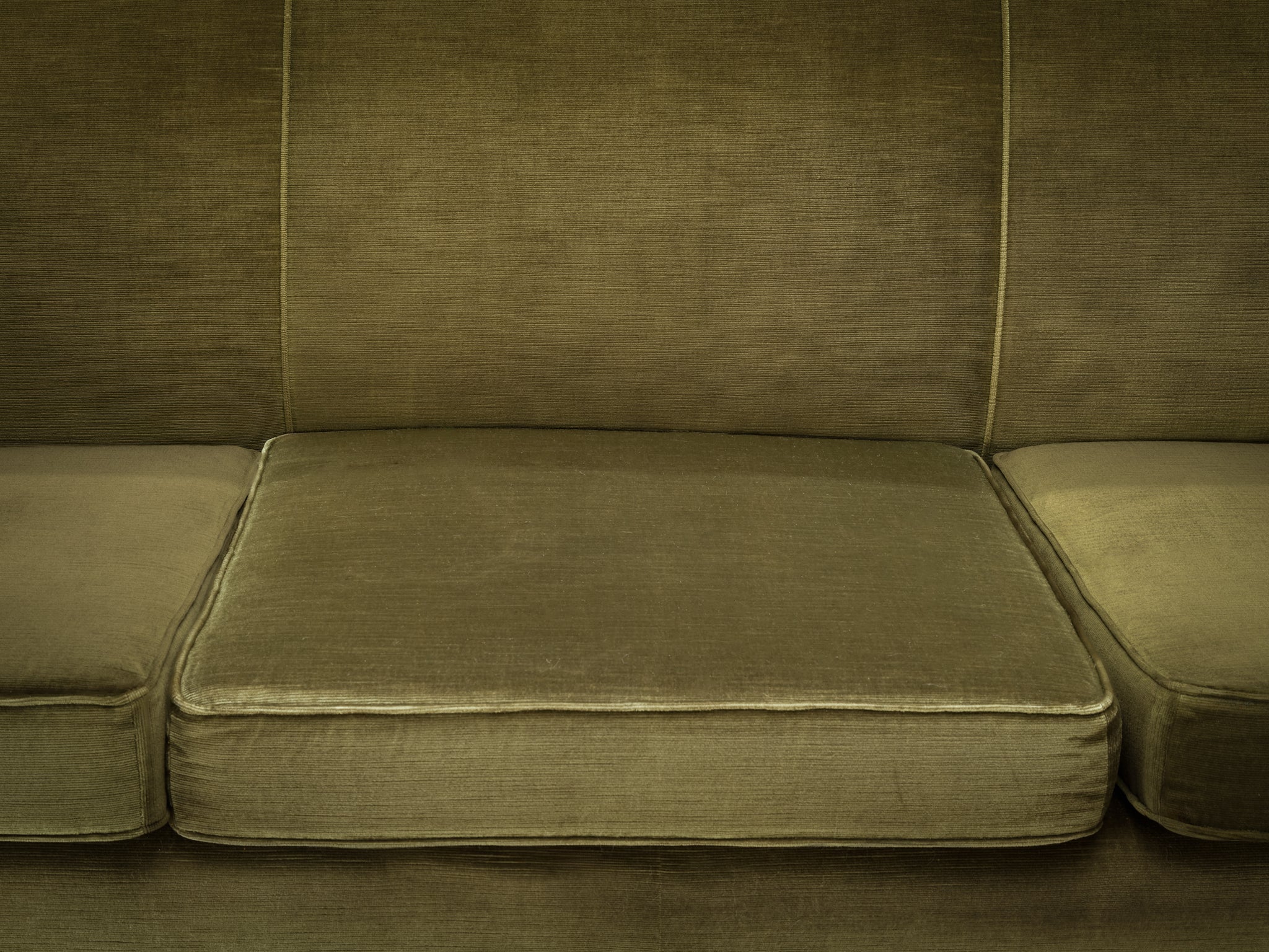 Rare René Drouet Three-Seat Sofa in Olive Green Velvet and Walnut Seating Morentz