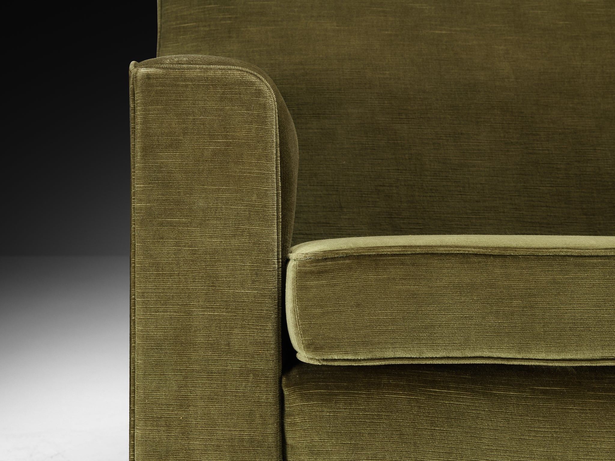 Rare René Drouet Three-Seat Sofa in Olive Green Velvet and Walnut Seating Morentz