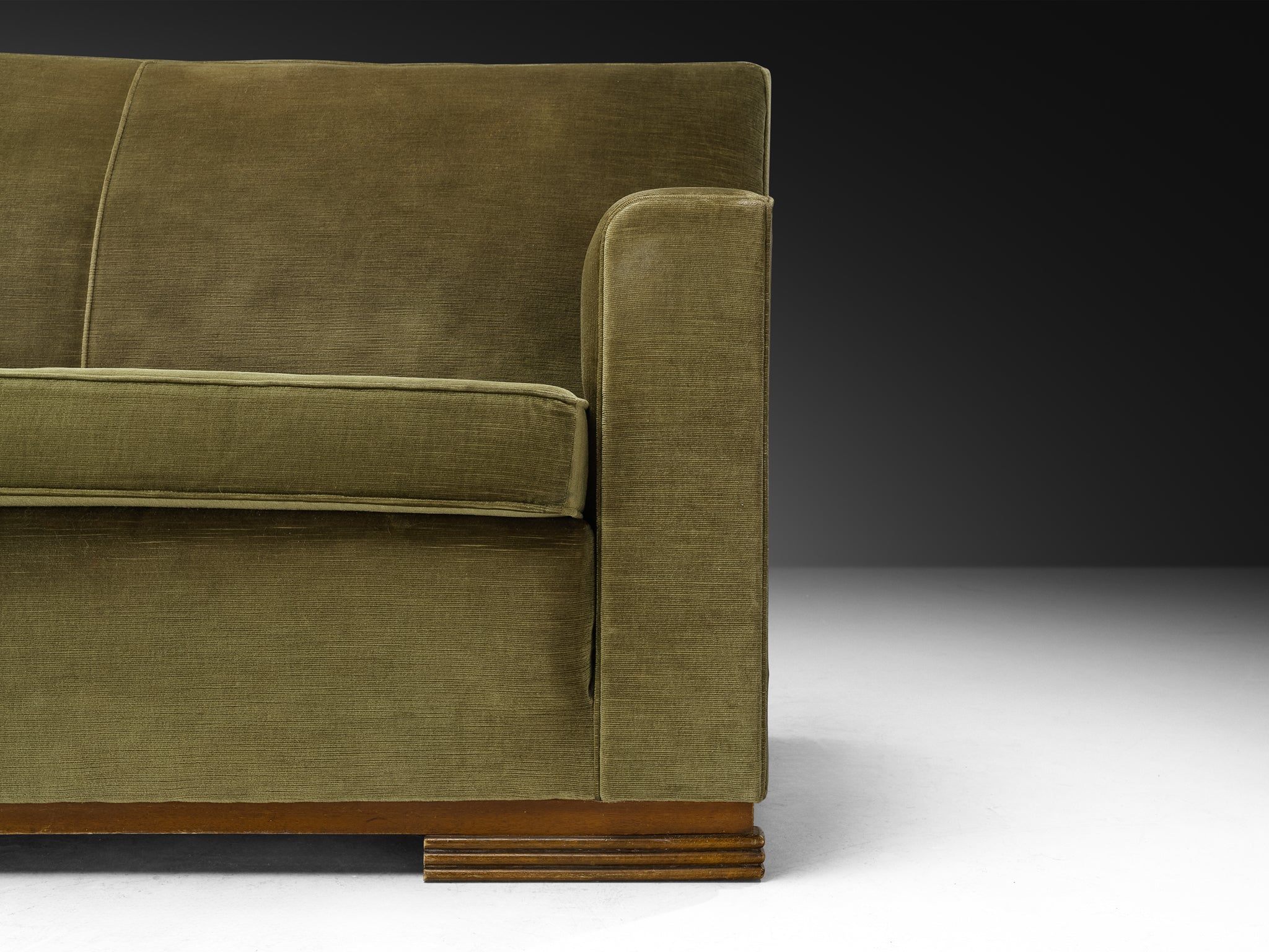 Rare René Drouet Three-Seat Sofa in Olive Green Velvet and Walnut Seating Morentz
