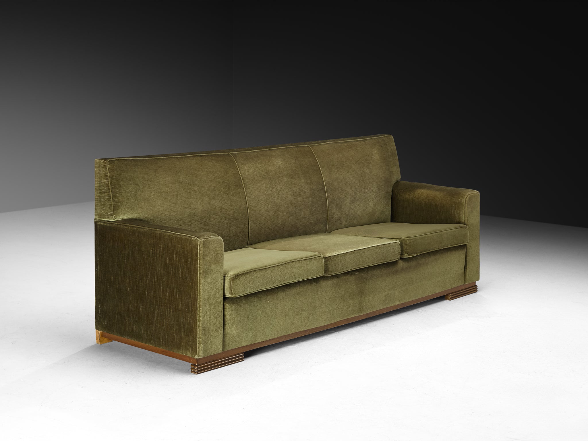 Rare René Drouet Three-Seat Sofa in Olive Green Velvet and Walnut Seating Morentz