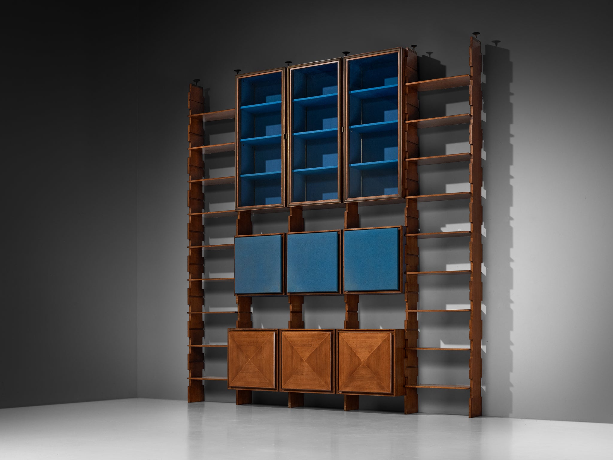 Mid-Century Italian Grand Wall Unit in Walnut with Blue Accents Case pieces and storage cabinets Morentz
