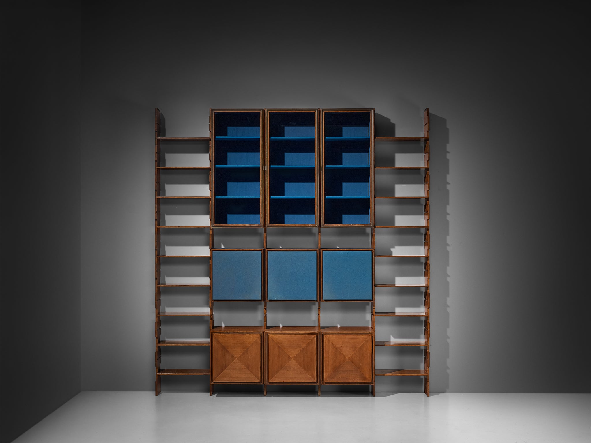 Mid-Century Italian Grand Wall Unit in Walnut with Blue Accents Case pieces and storage cabinets Morentz