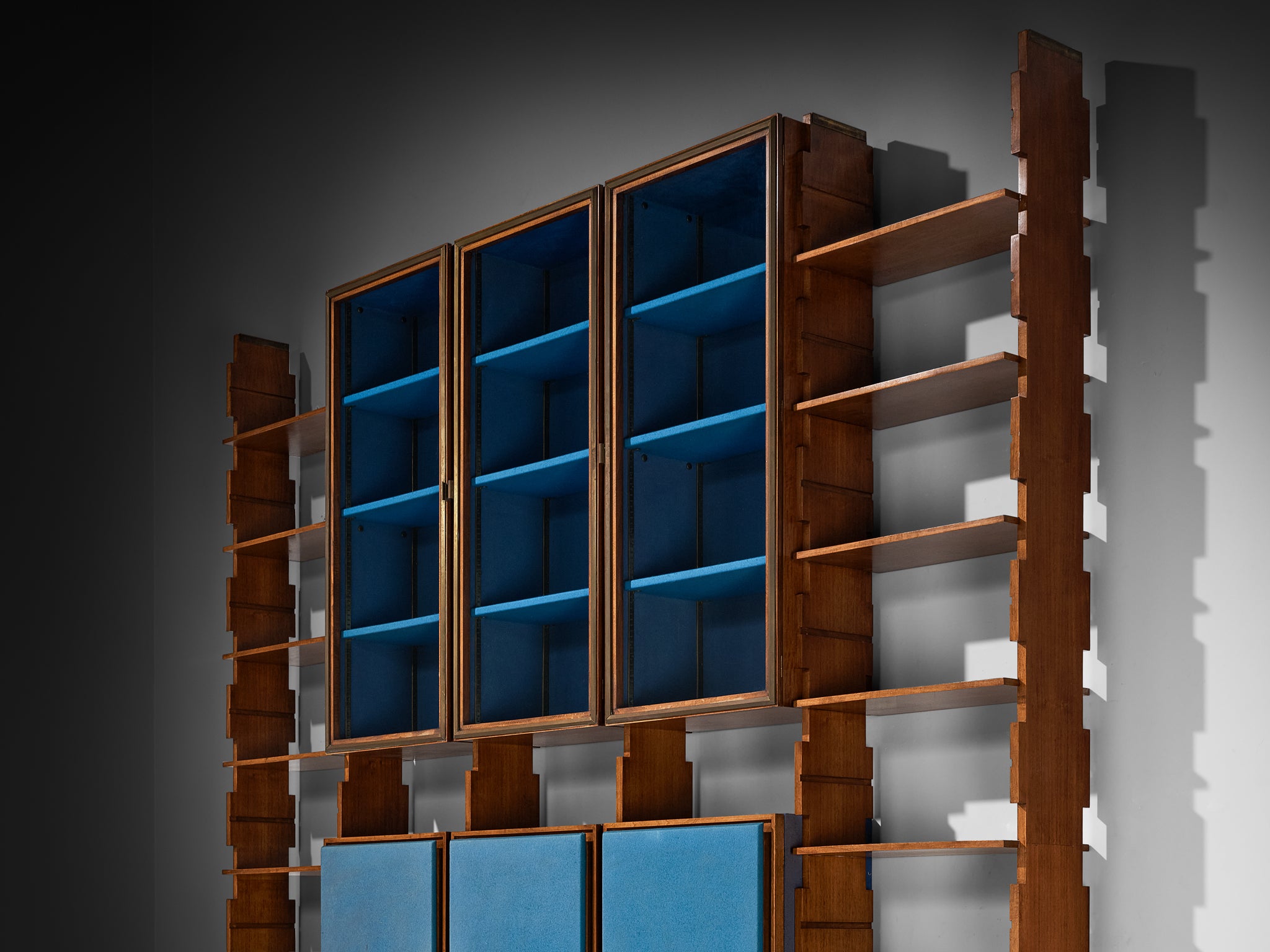 Mid-Century Italian Grand Wall Unit in Walnut with Blue Accents Case pieces and storage cabinets Morentz
