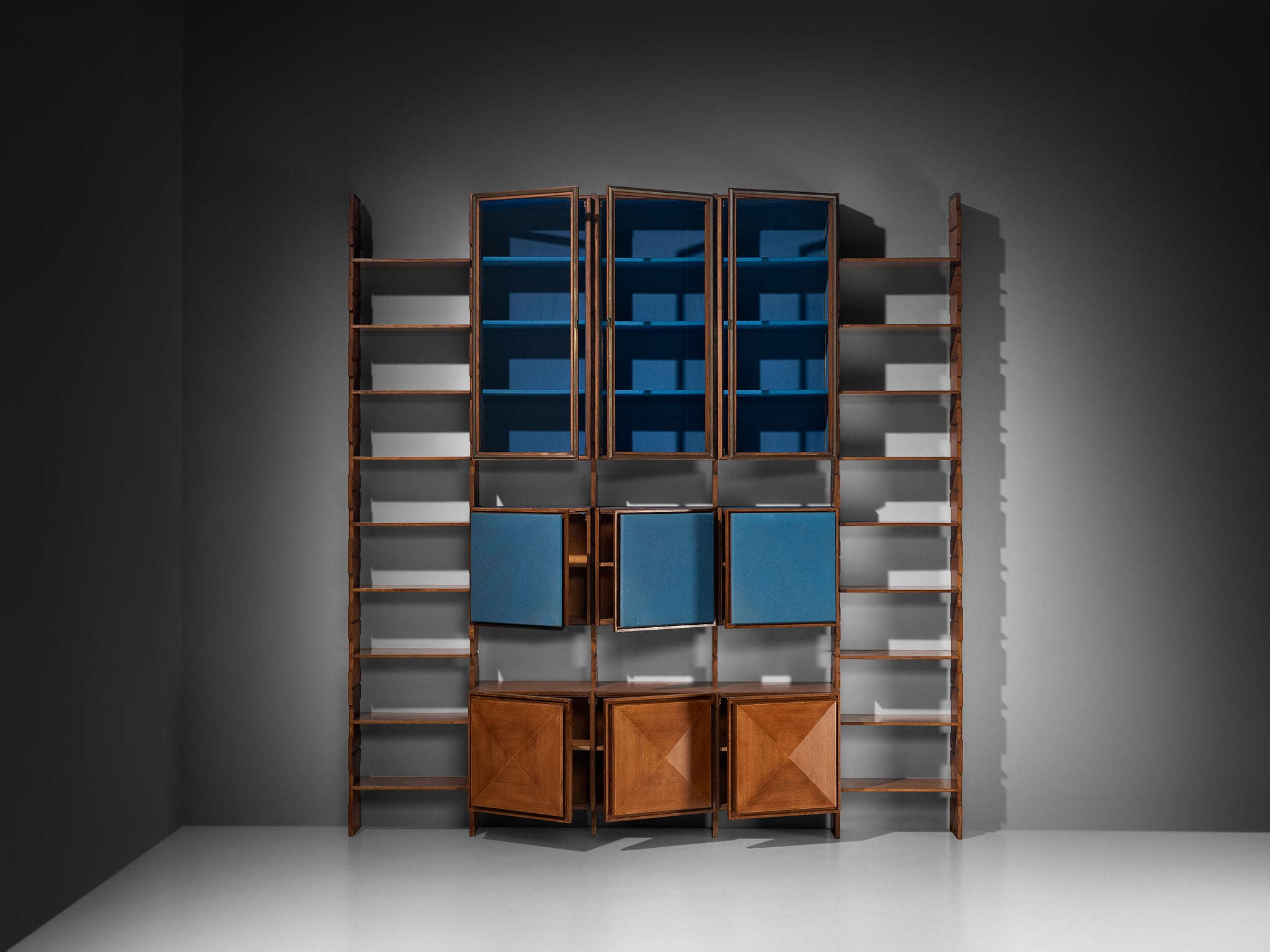 Mid-Century Italian Grand Wall Unit in Walnut with Blue Accents Case pieces and storage cabinets Morentz