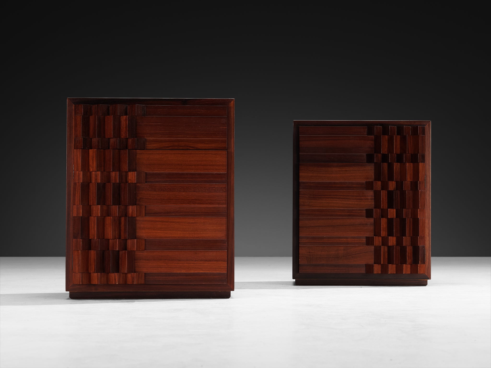 Luciano Frigerio 'Diamante' Pair of Bed Tables with Cubist Graphic Front Case pieces and storage cabinets Morentz