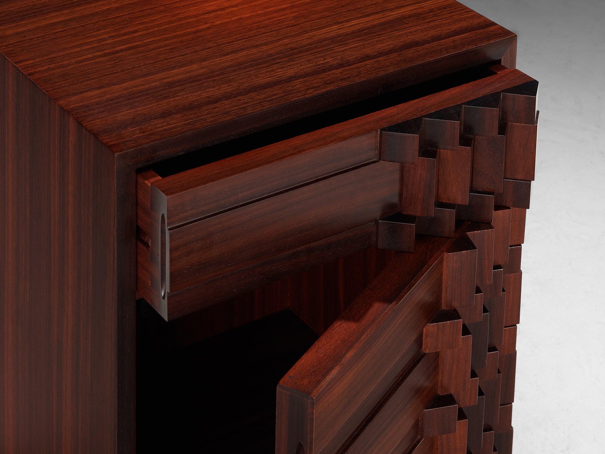 Luciano Frigerio 'Diamante' Pair of Bed Tables with Cubist Graphic Front Case pieces and storage cabinets Morentz