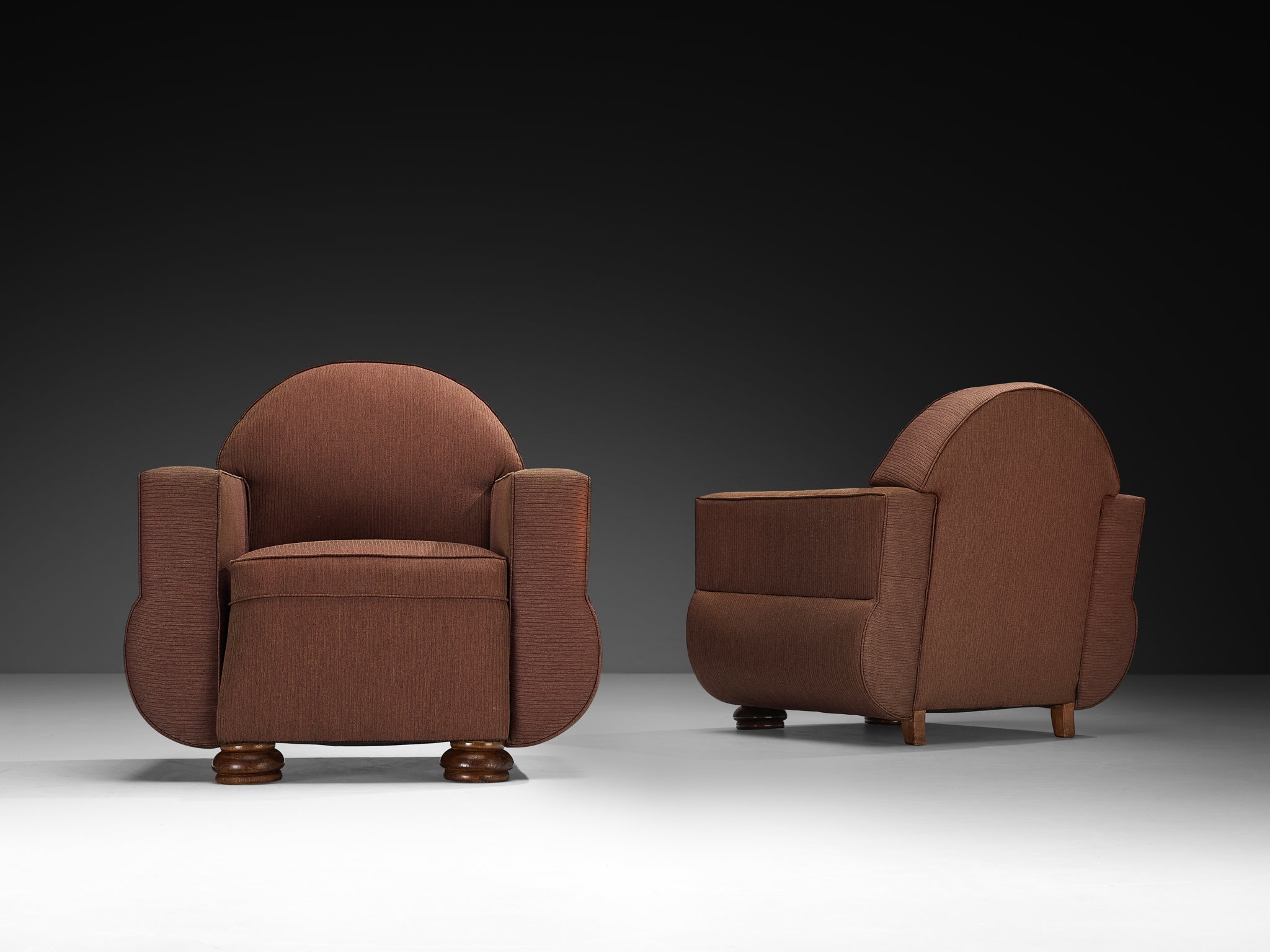 Pair of 1930s Sculptural Art Deco Club Chairs in Brown Upholstery Seating Morentz