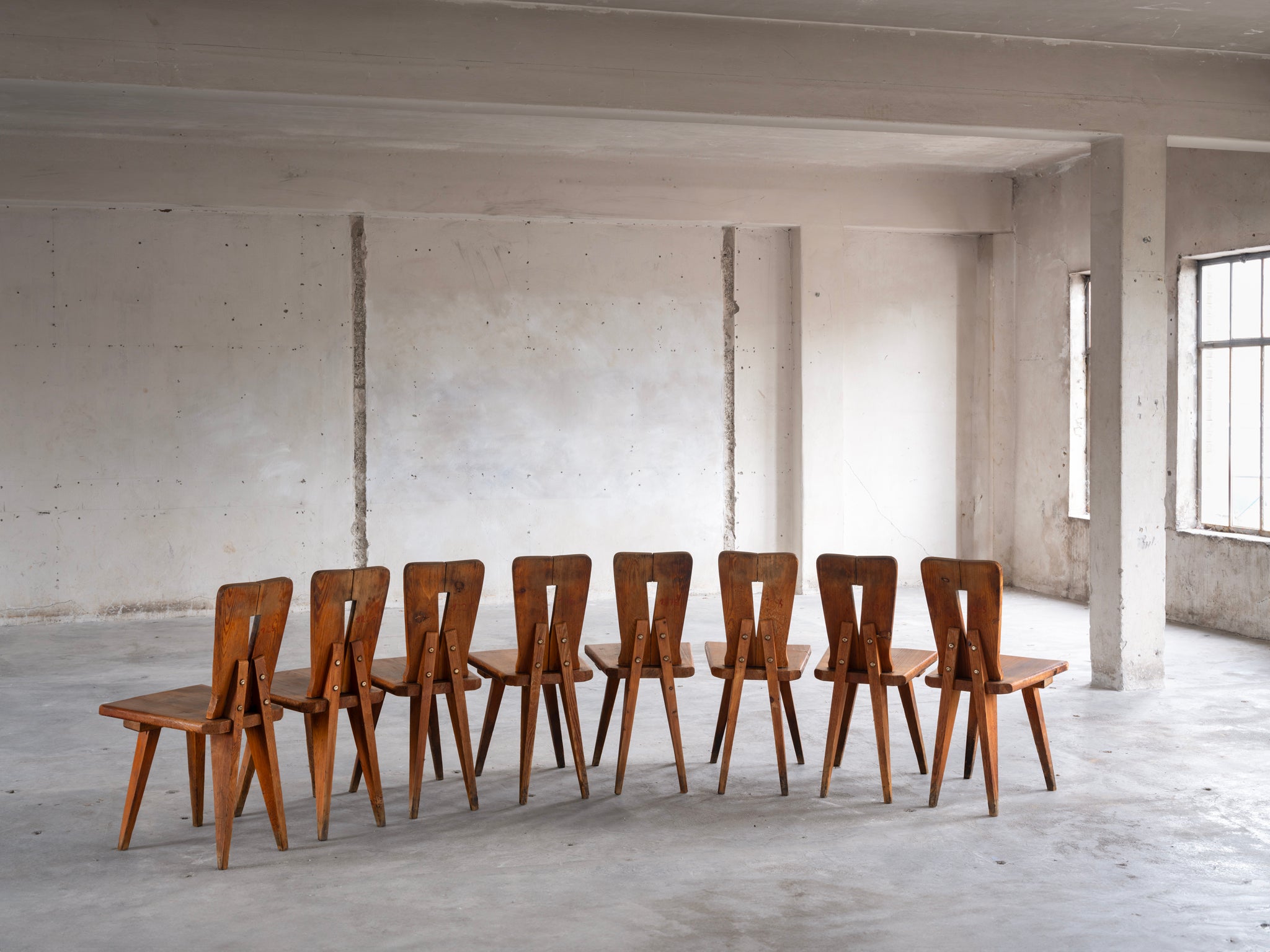 1950s Sculptural French Chalet Set of Eight Carved Chairs in Solid Pine