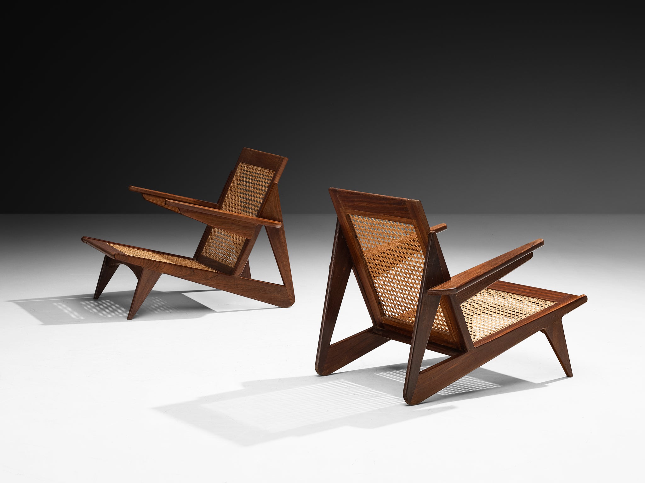 French Mid-Century Angular Lounge Chairs in Teak and Cane Seating Morentz