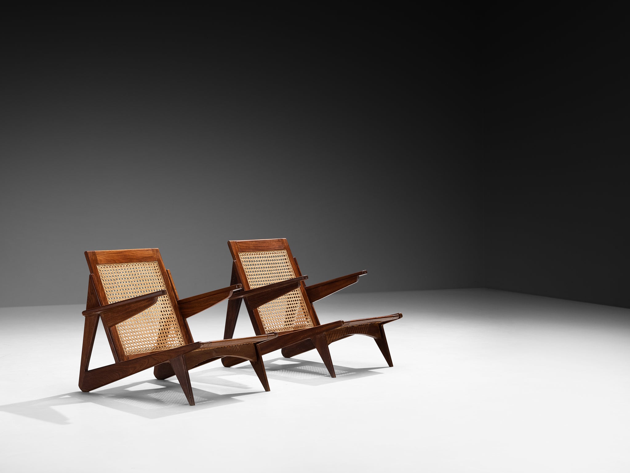 French Mid-Century Angular Lounge Chairs in Teak and Cane Seating Morentz