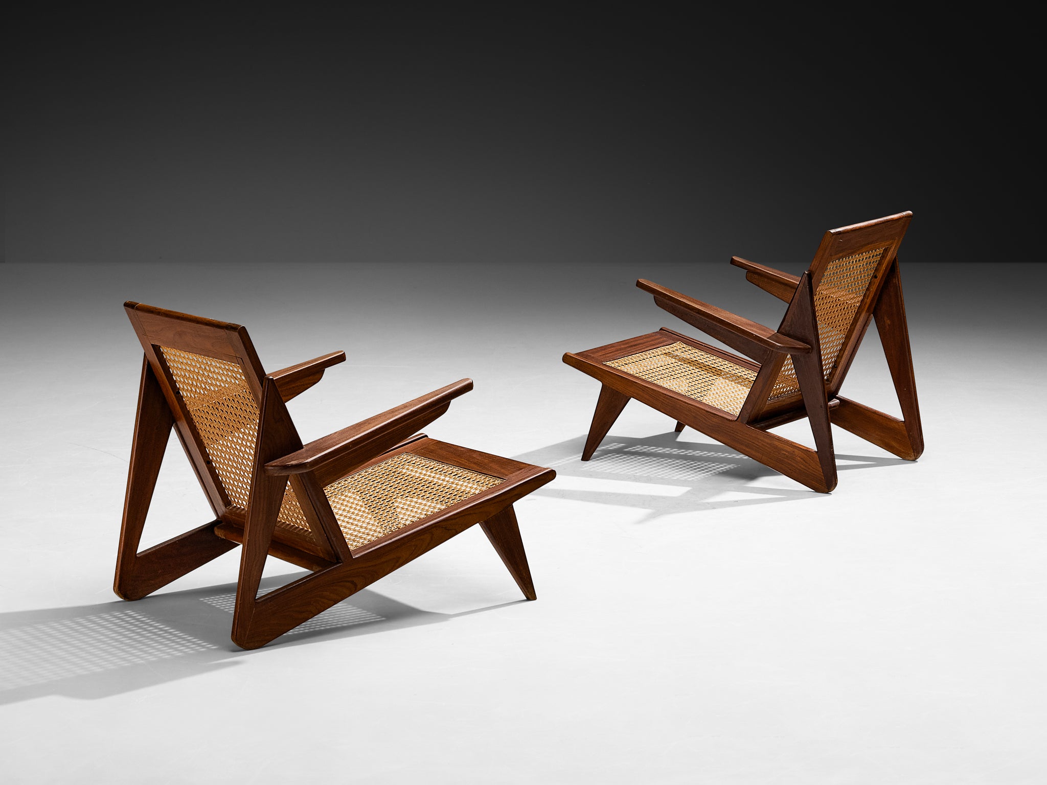 French Mid-Century Angular Lounge Chairs in Teak and Cane Seating Morentz