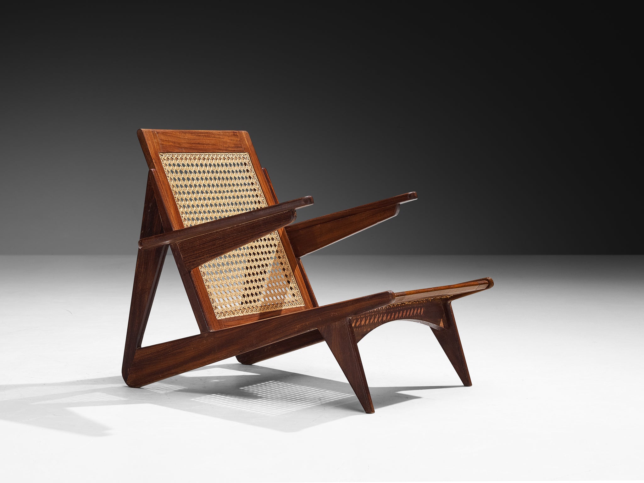 French Mid-Century Angular Lounge Chairs in Teak and Cane Seating Morentz