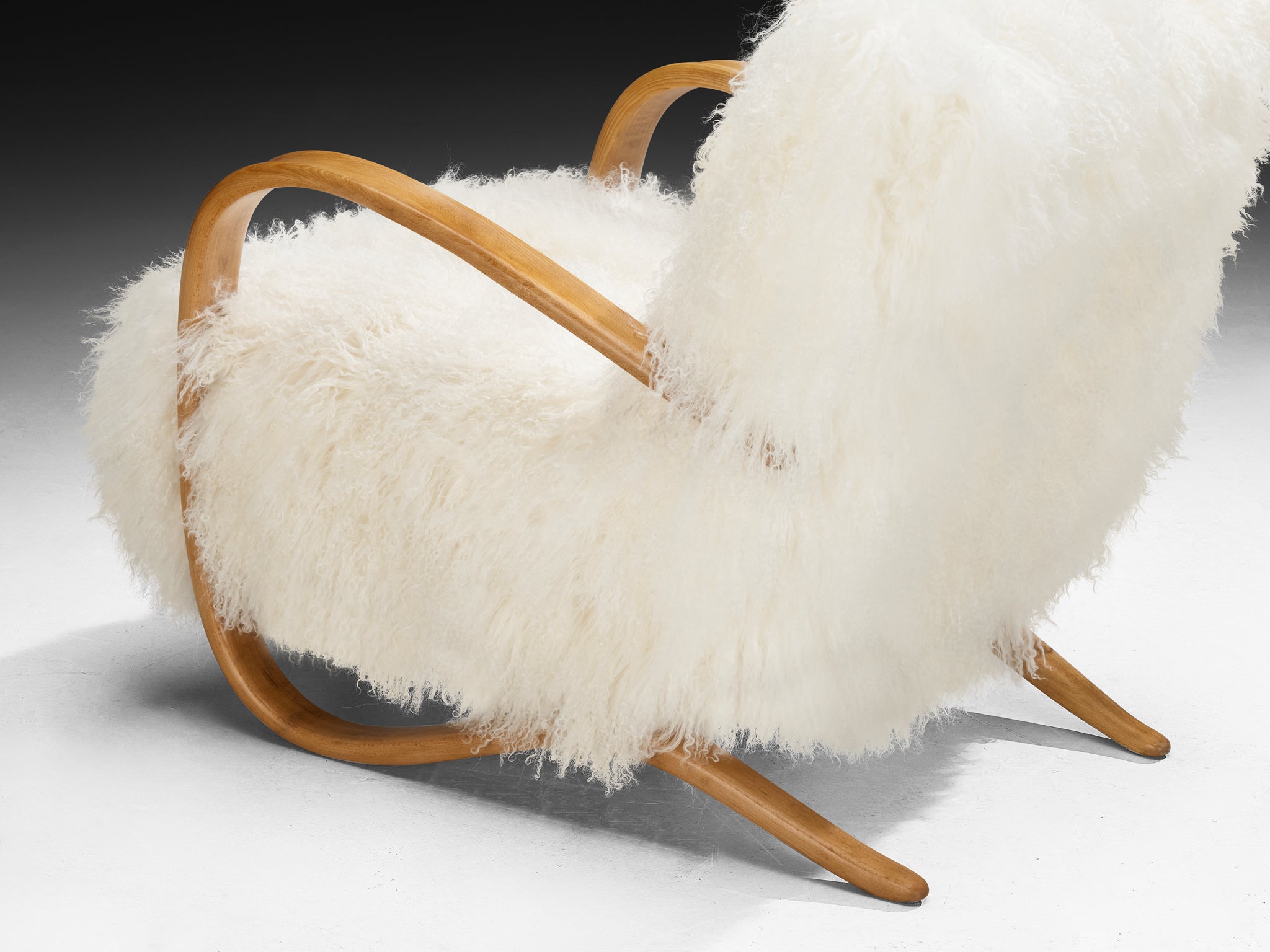 Jindřich Halabala Lounge Chairs in White Tibetan Lambswool Seating Morentz