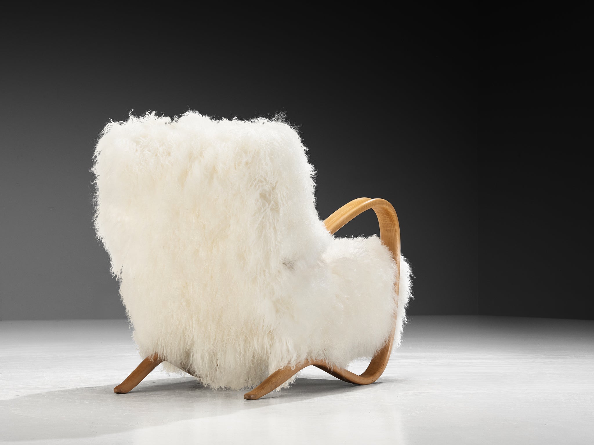 Jindřich Halabala Lounge Chairs in White Tibetan Lambswool Seating Morentz
