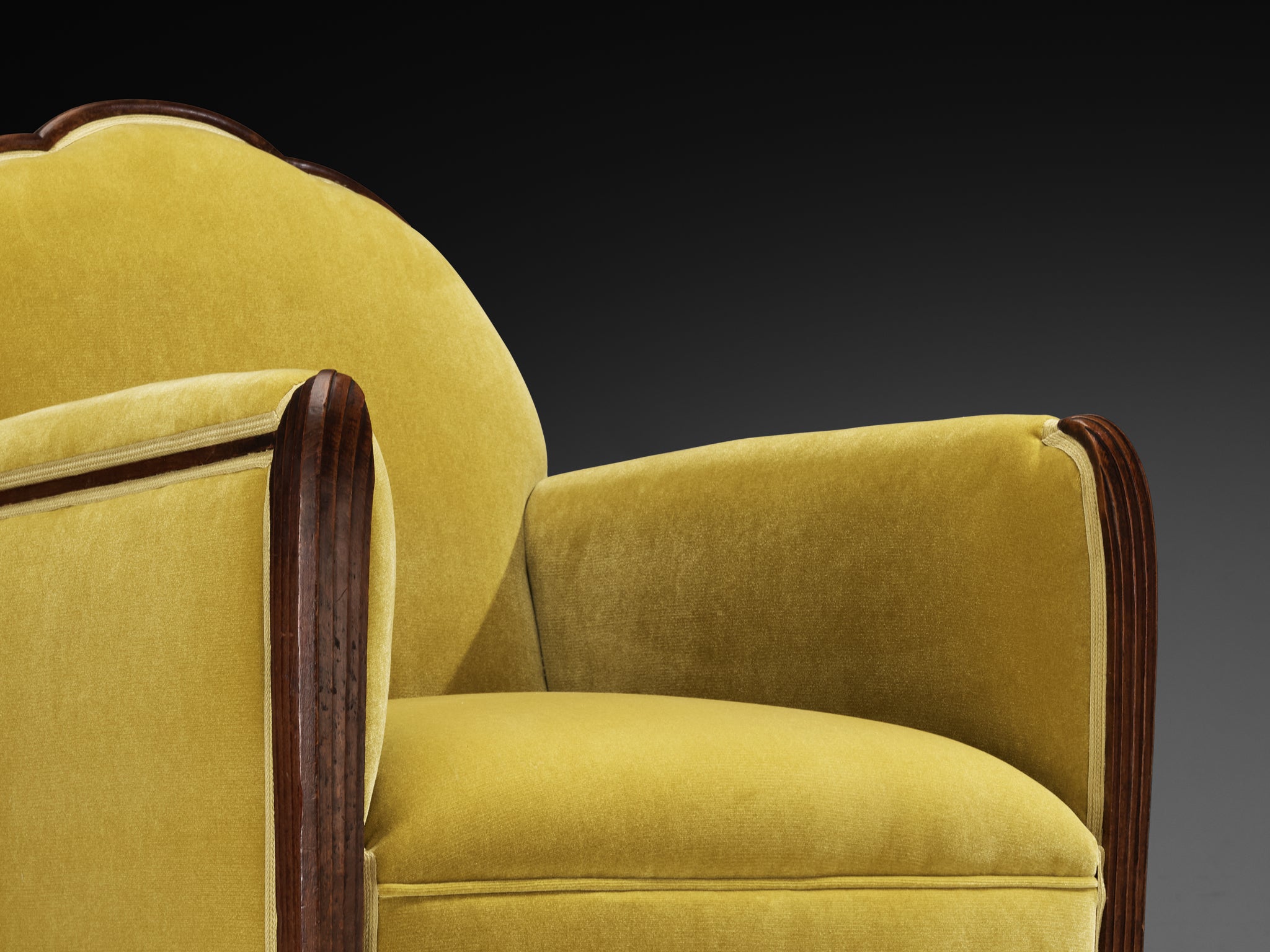 Pair of 1930s French Art Deco Lounge Chairs in Mustard Yellow Velvet and Dark Wood