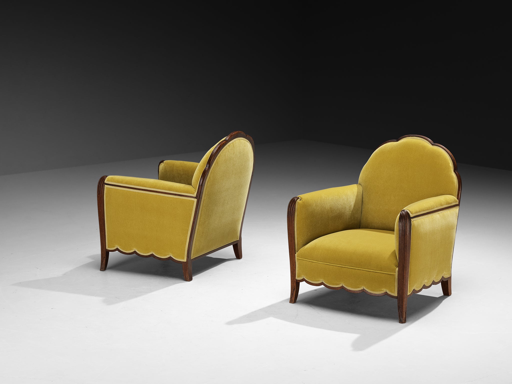 Pair of 1930s French Art Deco Lounge Chairs in Mustard Yellow Velvet and Dark Wood