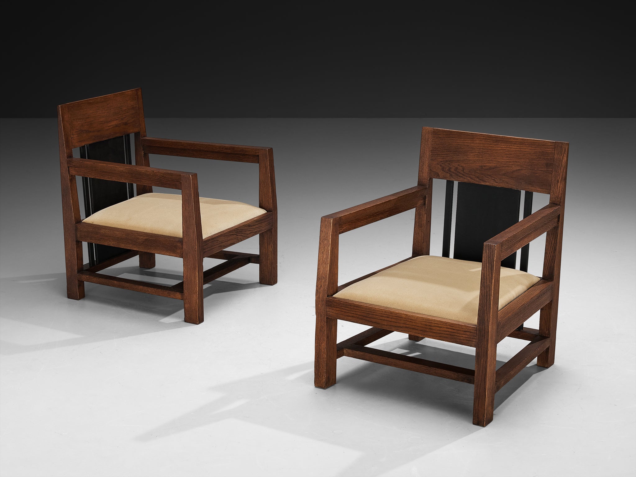 Cor Alons Pair of Art Deco Modernist Lounge Chairs in Oak and Beige Velvet Seating Morentz