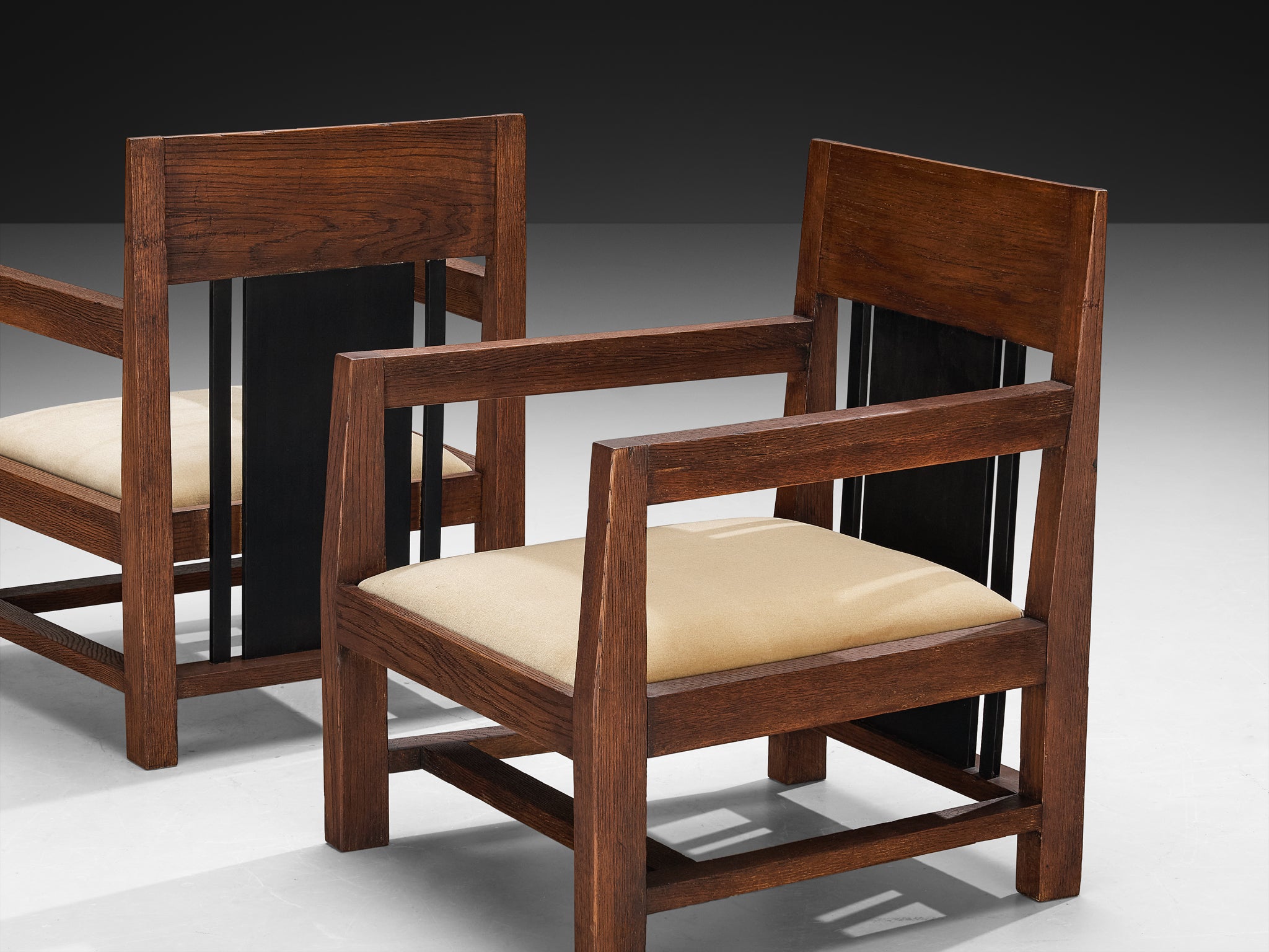 Cor Alons Pair of Art Deco Modernist Lounge Chairs in Oak and Beige Velvet Seating Morentz