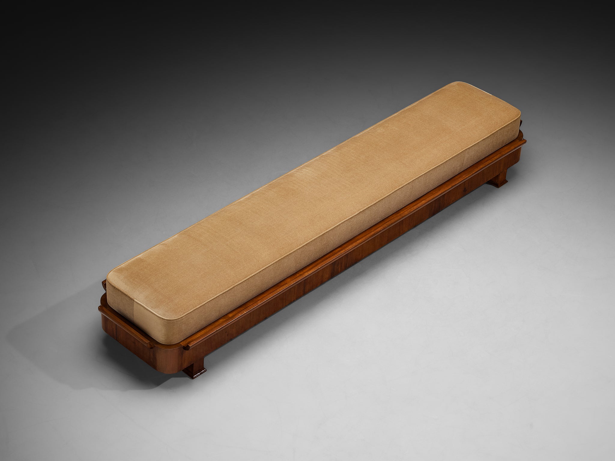 Italian Art Deco Large Bench in Mahogany and Brown Mohair Fabric