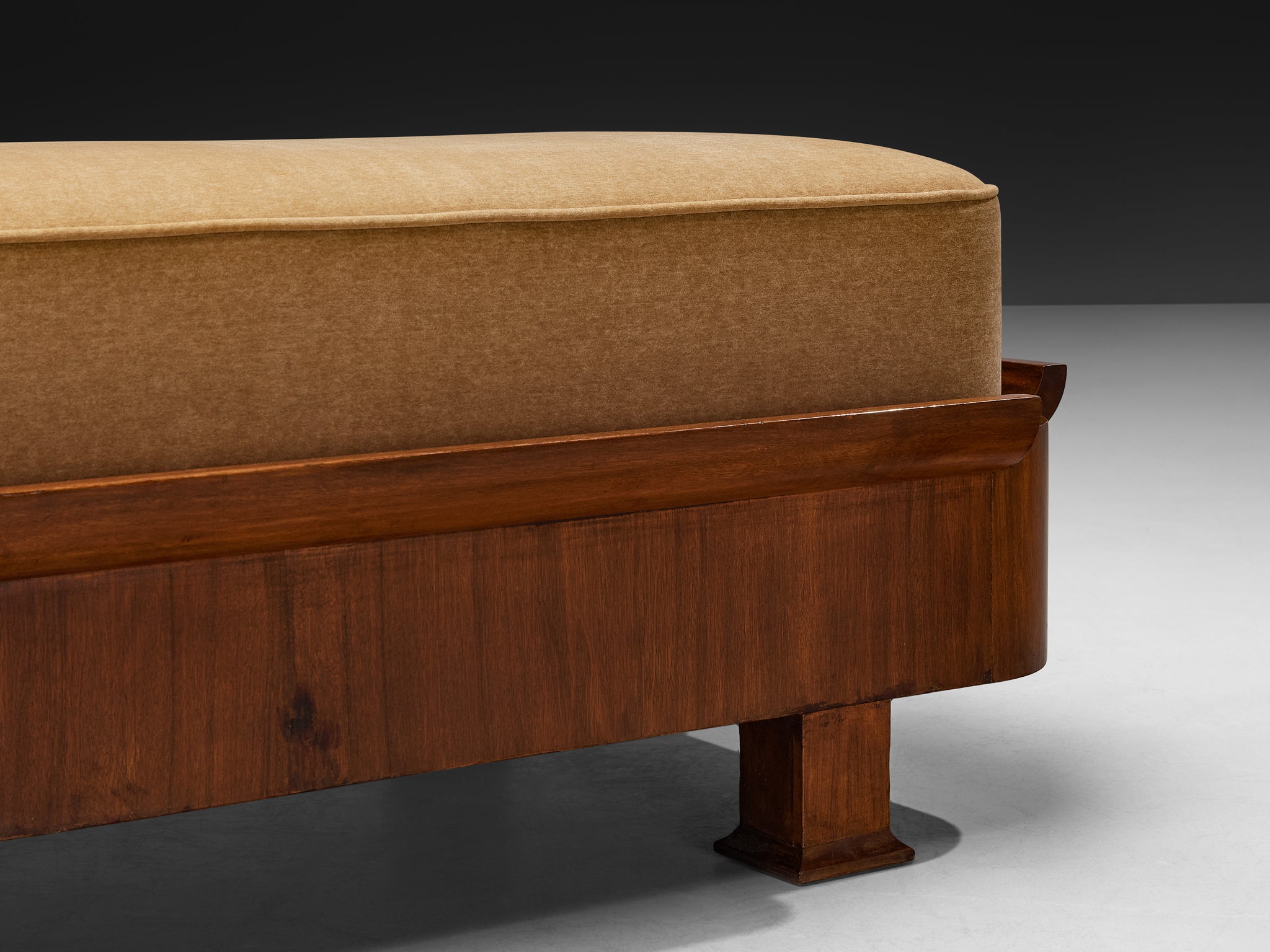 Italian Art Deco Large Bench in Mahogany and Brown Mohair Fabric
