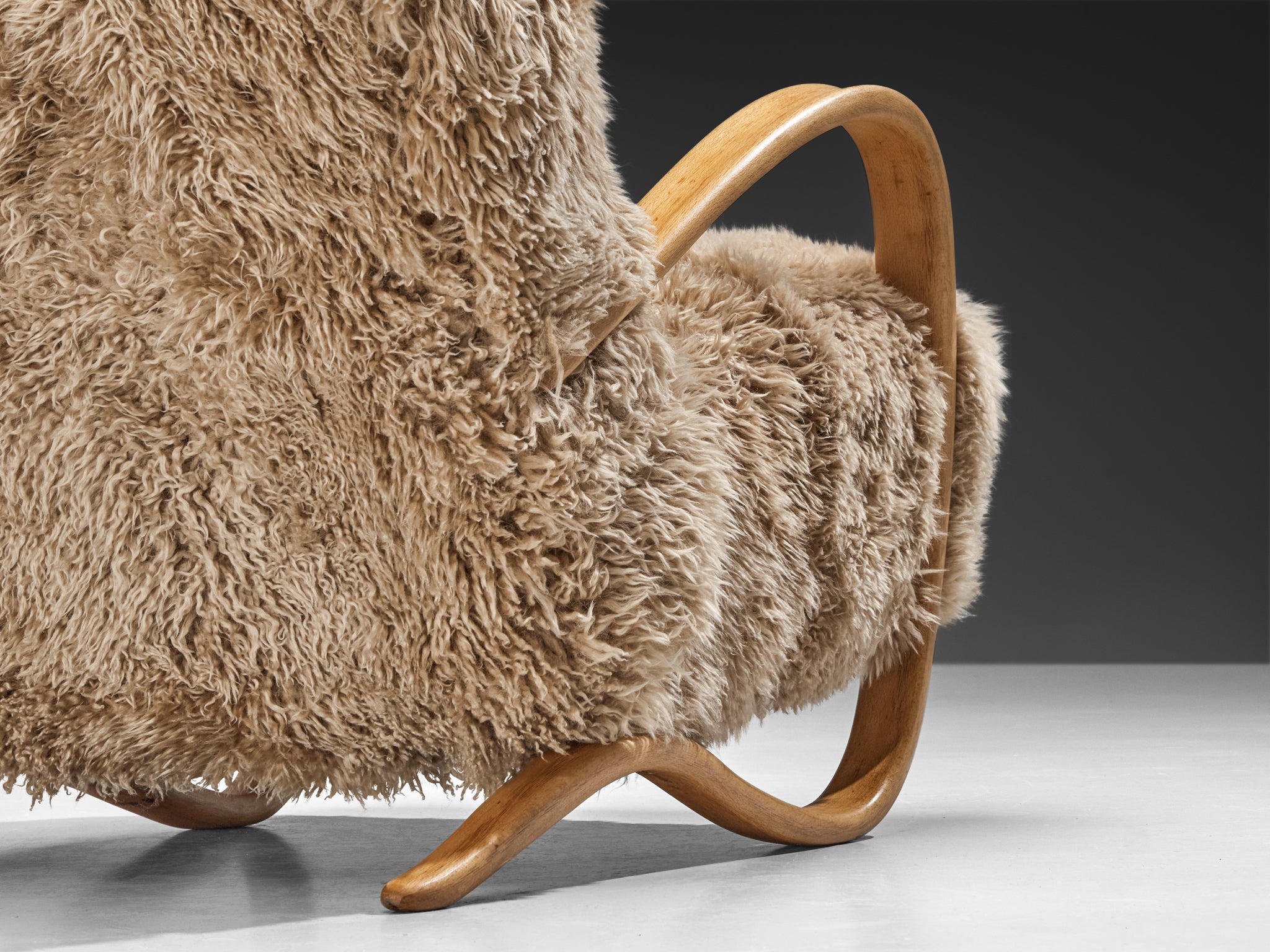 Jindřich Halabala Lounge Chairs in Beige Tibetan Lambswool Seating Morentz