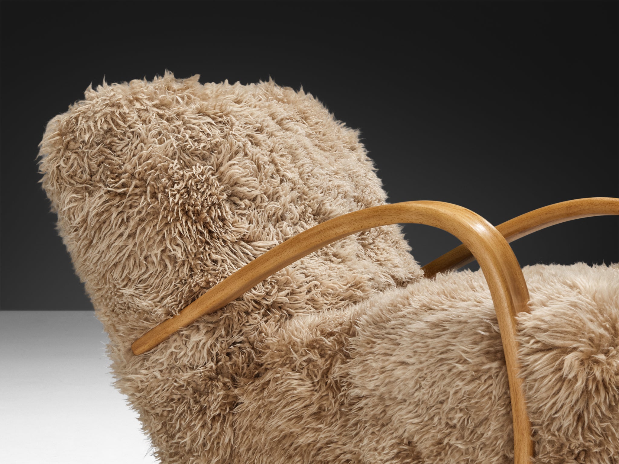 Jindřich Halabala Lounge Chairs in Beige Tibetan Lambswool Seating Morentz