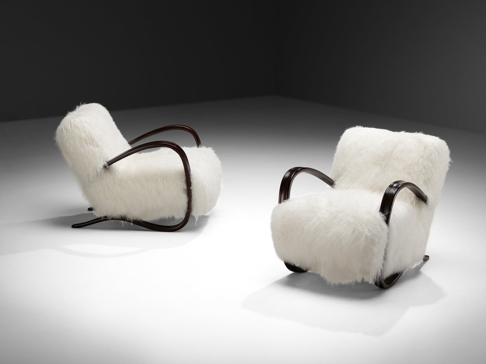 Jindrich Halabala Lounge Chairs in White Tibetan Lambswool Seating Morentz