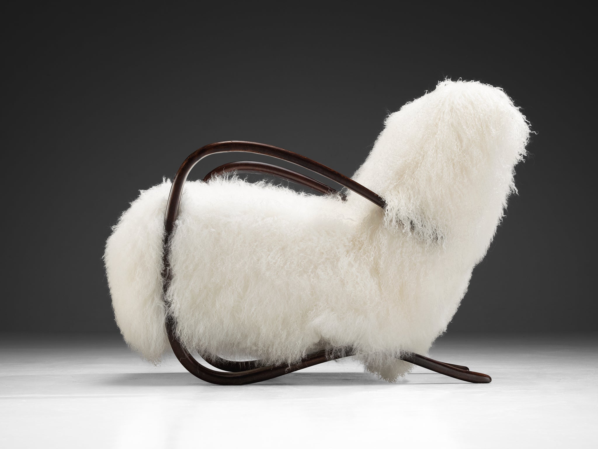 Jindrich Halabala Lounge Chairs in White Tibetan Lambswool Seating Morentz