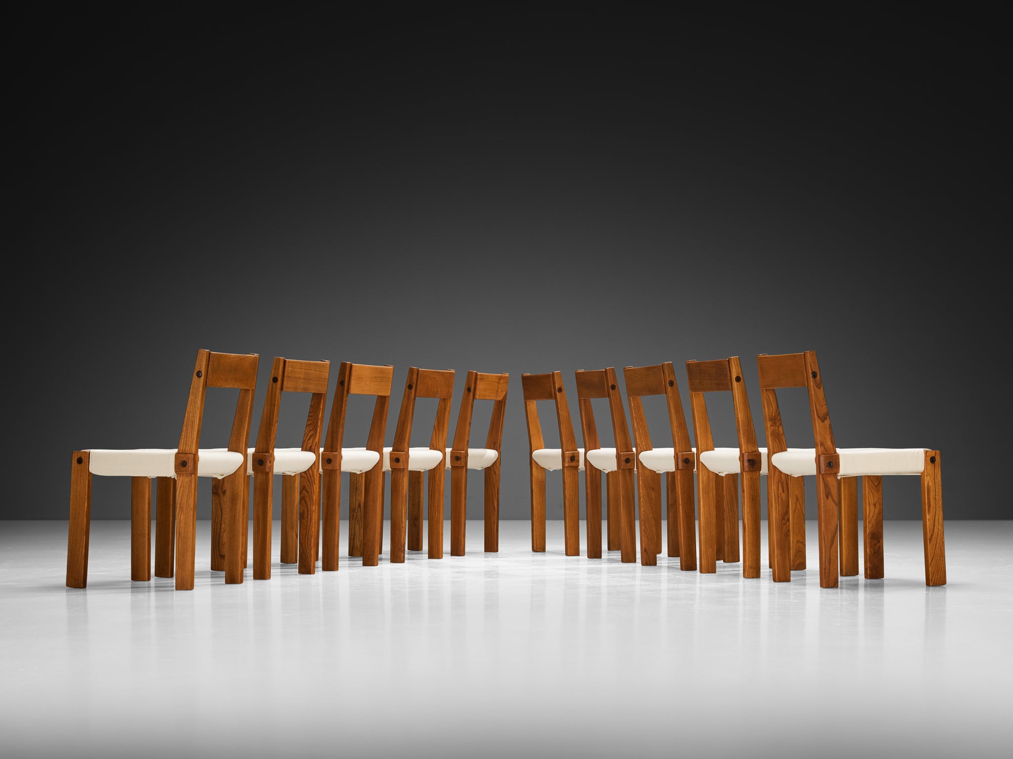 Pierre Chapo Set of Ten 'S24' Dining Chairs in Elm and Canvas Seating Morentz